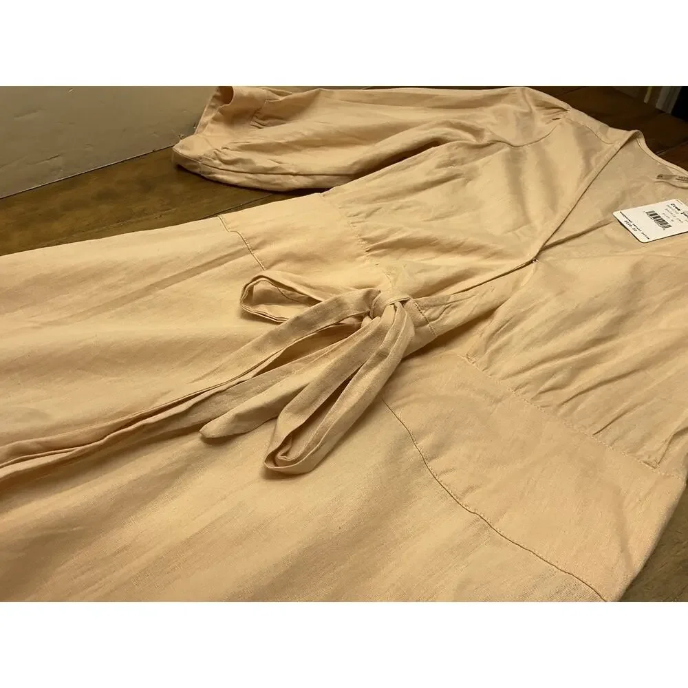 Free People Peach Linen Blend Balloon Sleeve Tiered Midi Wrap Dress Sz M Peach